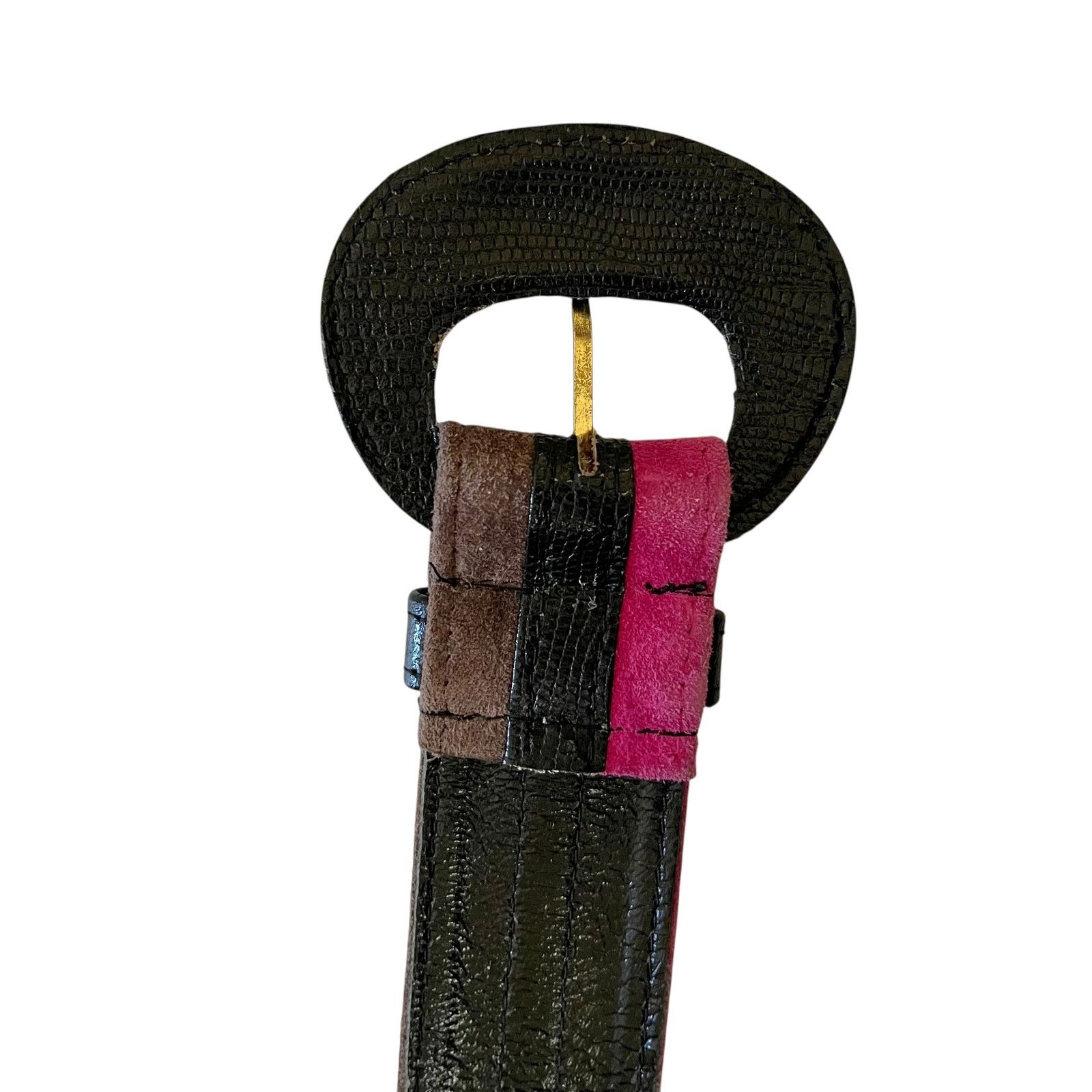 Jaeger × Vintage Vintage Jaeger Striped Pink Brown Suede Black Leather Belt Size 30 - 5 Thumbnail