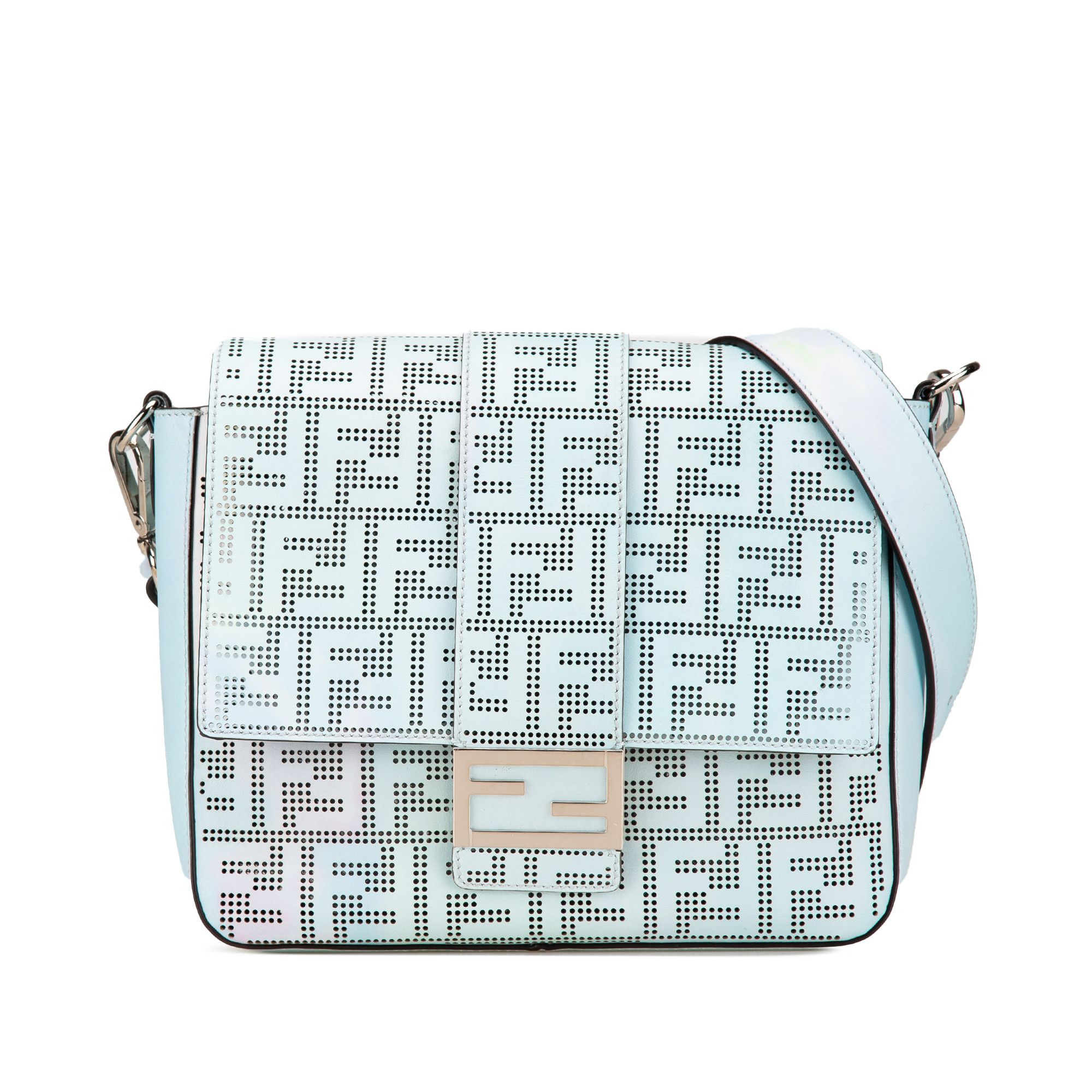 Fendi Medium Zucca Perforated Leather Baguette Messenger Bag in Blue, Women's