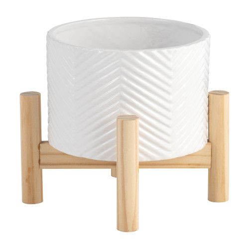 Designer × Homemade 6" CERAMIC CHEVRON PLANTER W/ WOOD STAND, WHITE Size US L / EU 52-54 / 3 - 5 Thumbnail