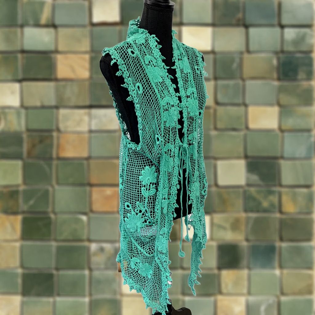 Pinko Pink Cadillac Open Front Vest Crochet Lace Cardigan Boho Women XL Green Casual Beach Festival 100 Cotton Women Bohemian Beach Festival 90s? Size US XL / EU 56 / 4 - 1 Thumbnail