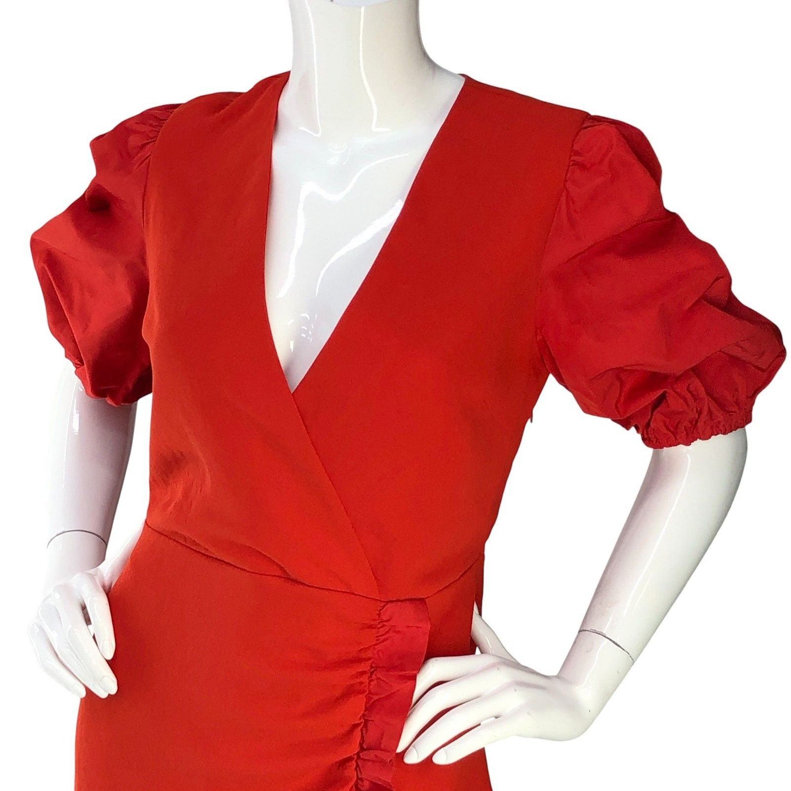 Pinko Pinko Dress 6 Red Puff Sleeve Ruched Wrap V Neck Cocktail Size M / US 6-8 / IT 42-44 - 2 Thumbnail