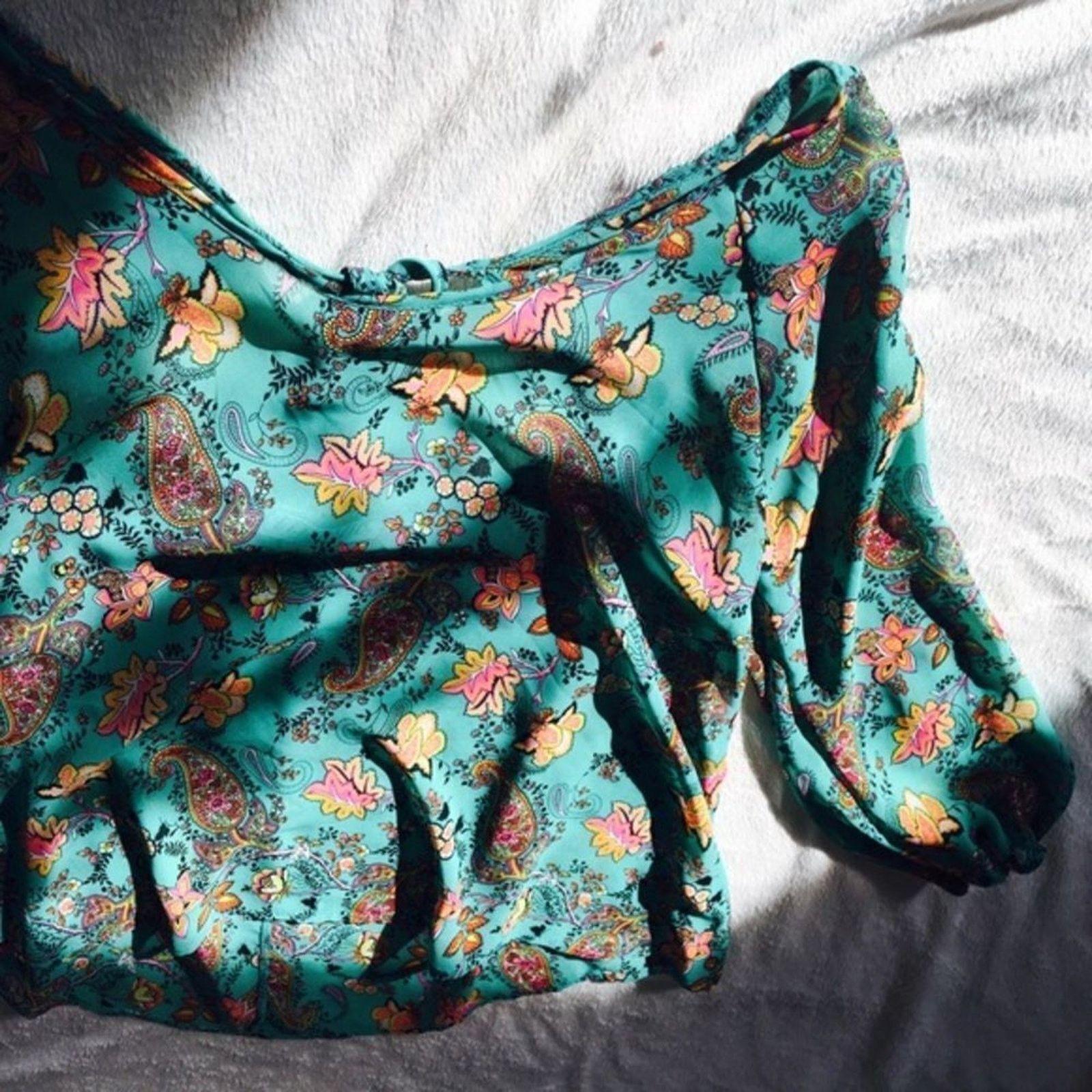 Other Sheer Teal Floral Paisley Peasant Top | Sz S (NO SIZE TAG) Size S / US 4 / IT 40 - 3 Thumbnail