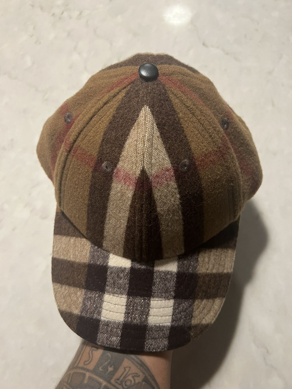 Burberry Burberry Lambskin Trim Check Wool Baseball Cap Size ONE SIZE - 2 Thumbnail