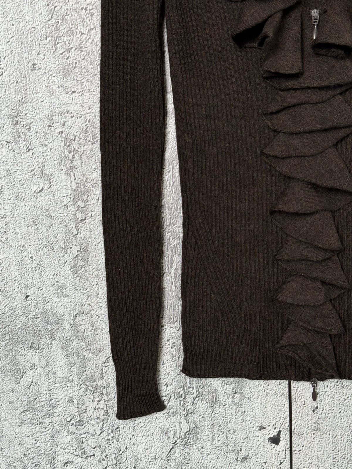 D.Exterior D.Exterior Brown Ribbed Wool Ruffle Zip Cardigan Sweater Size L / US 10 / IT 46 - 4 Thumbnail