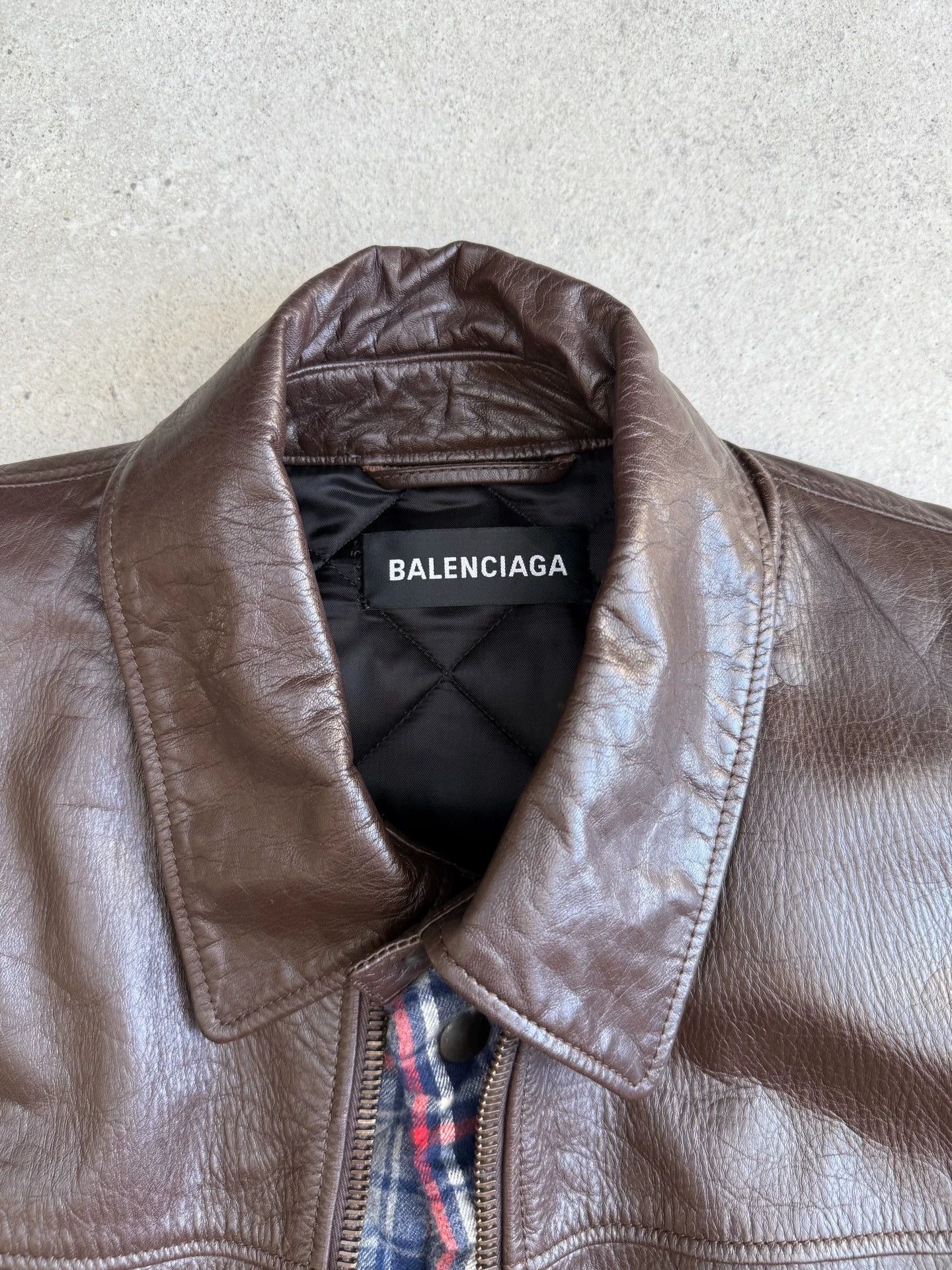 Balenciaga Balenciaga 18FW 2-in-1 Plaid Leather-Cotton Jacket Dark Brown 46 Size US S / EU 44-46 / 1 - 4 Thumbnail
