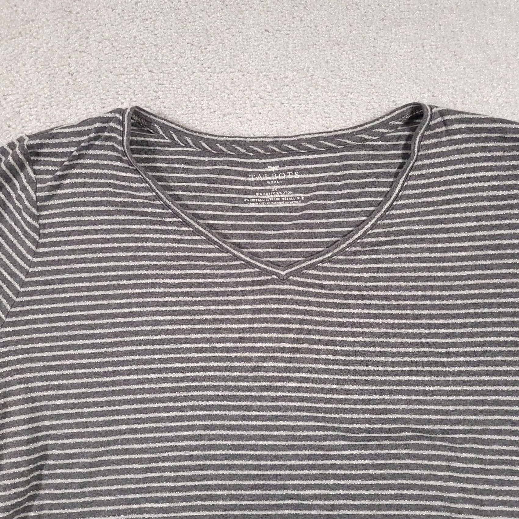 Talbots VINTAGE Talbots T Shirt Women's 3X Plus Gray Striped Glitter V Neck Long Sleeve Size XXL / US 16-18 / IT 52-54 - 3 Thumbnail