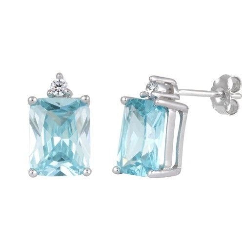 Sterling Silver Sterling Silver Rectangular Aquamarine CZ Earrings Size ONE SIZE - 1 Thumbnail