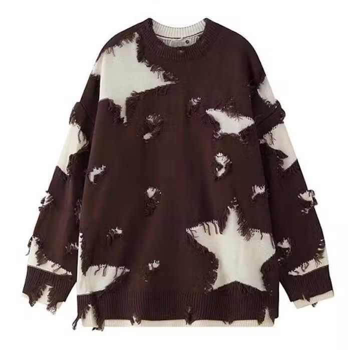 image of Vintage Distressed Knit Sweater, Embroidered Sweater in Brown, Men's (Size Medium)