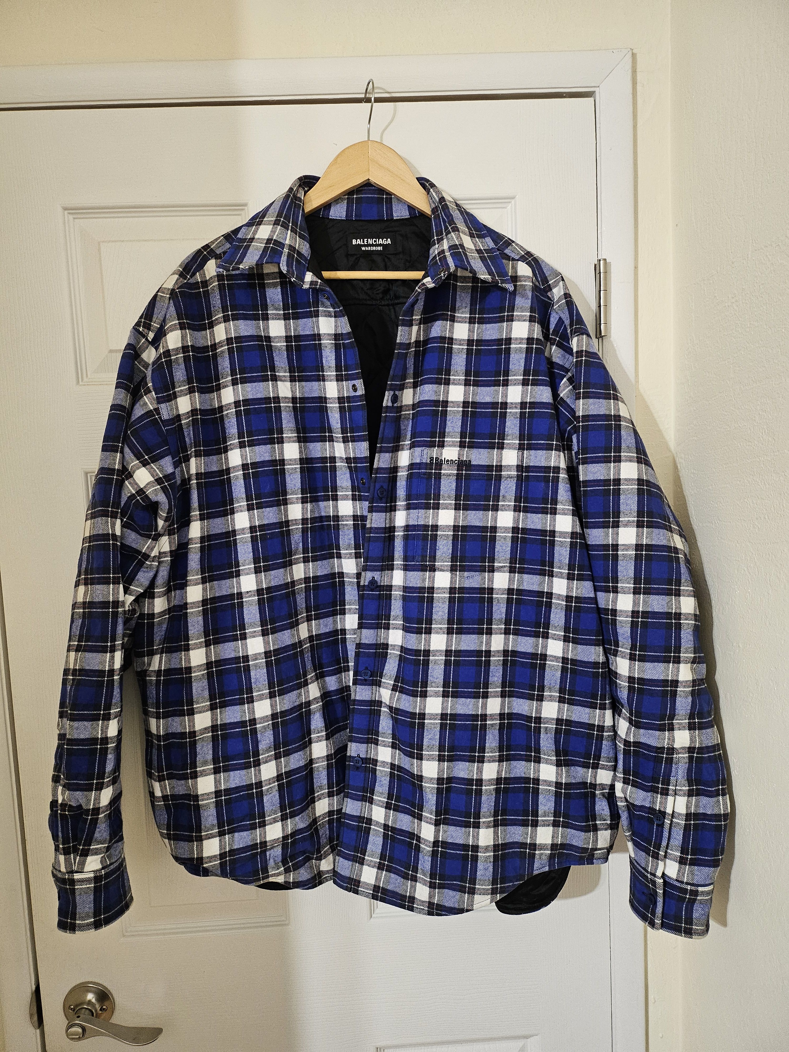 image of Balenciaga Flannel Padded Shirt Jacket in Blue, Men's (Size XL)