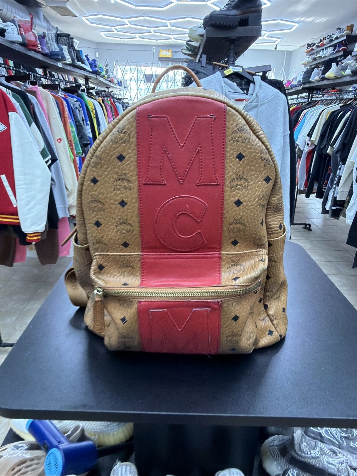 MCM MCM Visetos Medium Stark Logo Stripe Backpack Cognac Red Size ONE SIZE - 15 Thumbnail