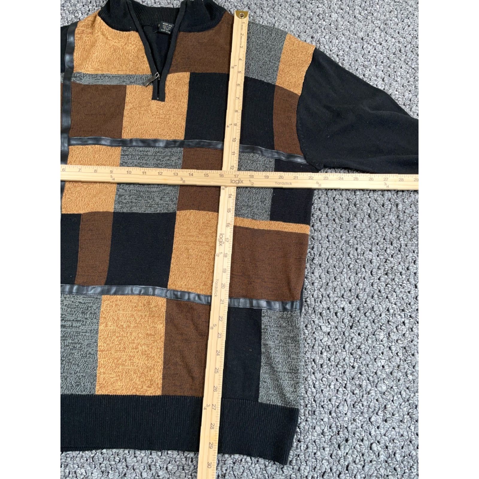 Vintage VINTAGE Trust Sweater Adult Large Brown Black Geometric Pattern Knit 1/4 Zip Faux Leather Trim Pullover 90s Mens Size US L / EU 52-54 / 3 - 5 Thumbnail