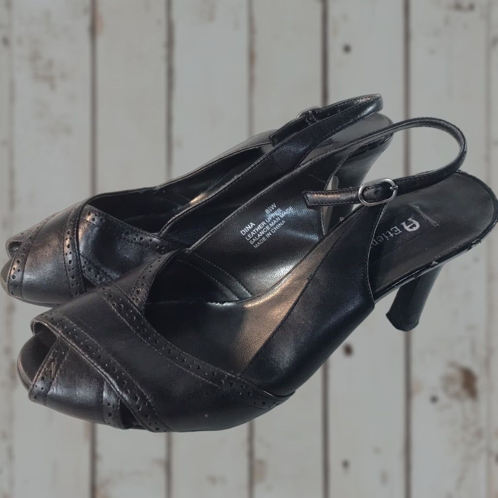 Aigner VINTAGE Etienne Aigner Women's Slingback Heels Size 8.5W Black Leather Peep Toe 3.5in Classic Going Out Size US 8.5 / IT 38.5 - 1 Thumbnail