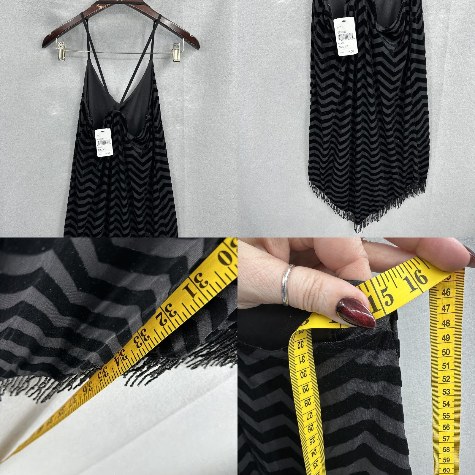 Velvet ASTR Dress Womens XS Black Velvet Chevron Spaghetti Strap Bead Fringe Going Out Size XS / US 0-2 / IT 36-38 - 8 Thumbnail