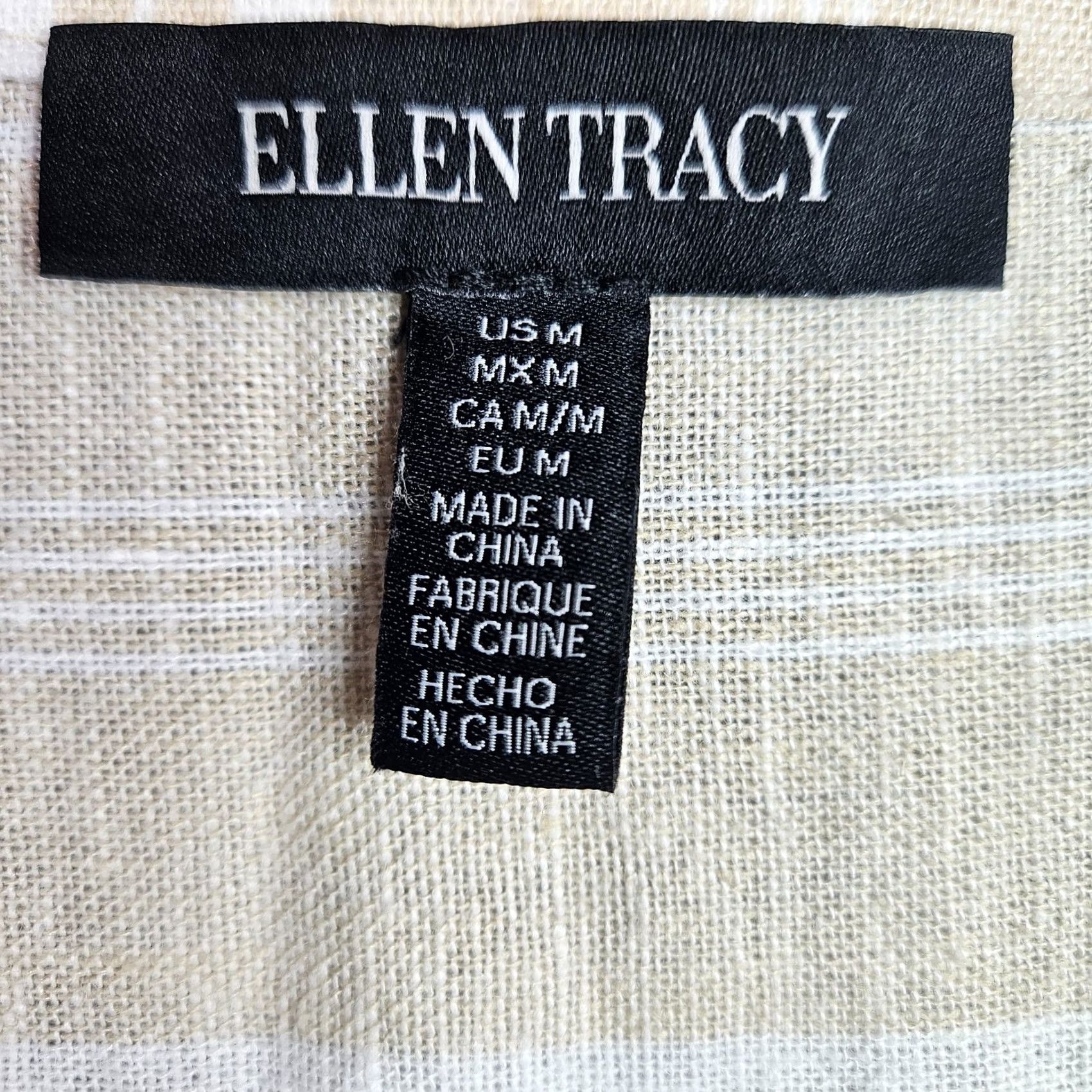 Ellen Tracy Ellen Tracy Blouse Woman Striped Linen Blend Beige Short Sleeve Round Neck Zip Front Buttonless Pullover Regular Fit Cotton-Free Size M / US 6-8 / IT 42-44 - 3 Thumbnail