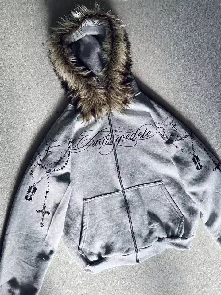 Other Faux Fur Hooded Jacket With Cross Print Trendy Edgy Size US L / EU 52-54 / 3 - 3 Thumbnail