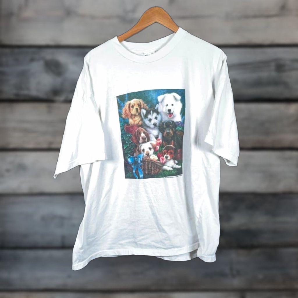 VINTAGE 90s Puppy Dog Graphic Print T-Shirt Adult 2XL White Gildan Heavyweight Mens