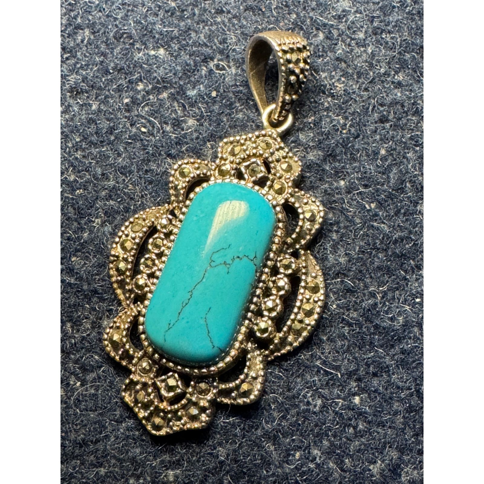 Other 925 Silver Rectangular Turquoise Cabochon Marcasite Pendant Size ONE SIZE - 2 Thumbnail