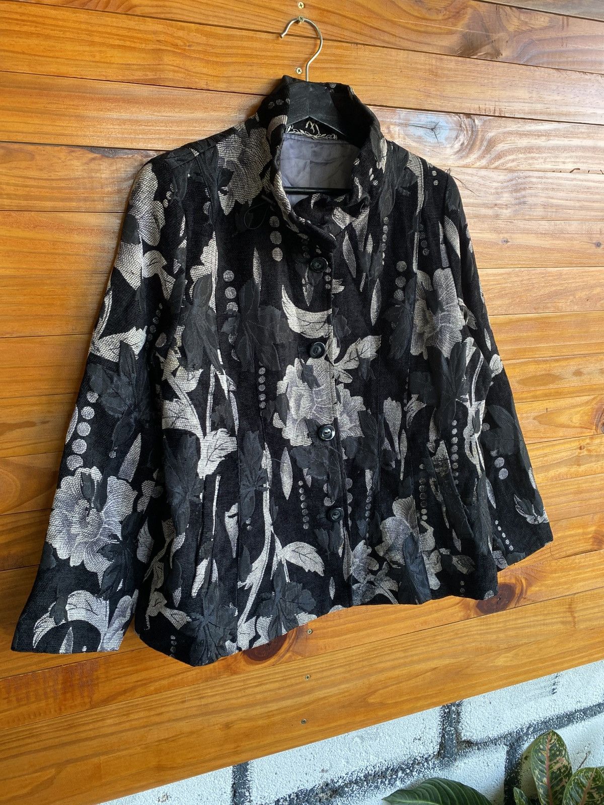 Japanese Brand Yoshiyuki Yama Women’s Black & Silver Floral Jacket Japan Size L / US 10 / IT 46 - 5 Thumbnail
