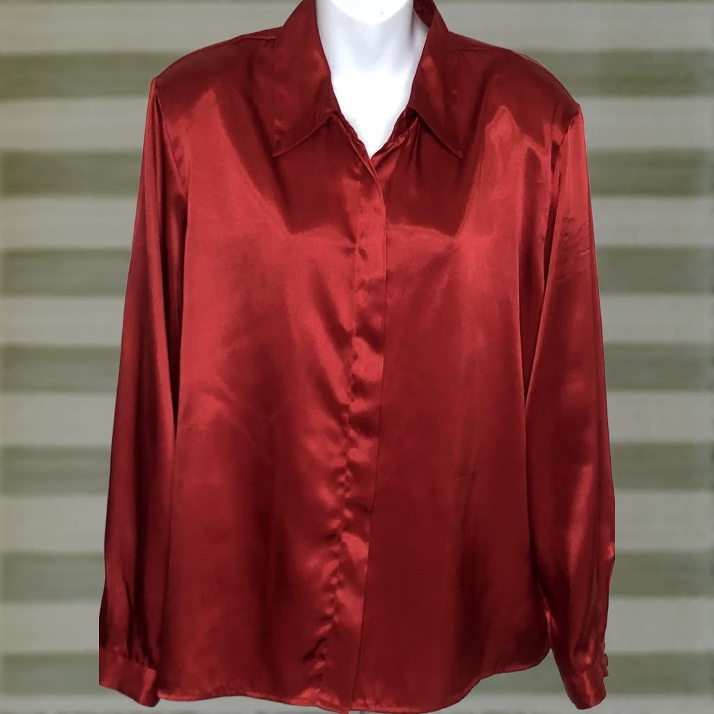 Vintage Impressions Top Womens XL Red Satin Long Sleeve Button Collar career Holiday Office Size XL / US 12-14 / IT 48-50 - 1 Thumbnail