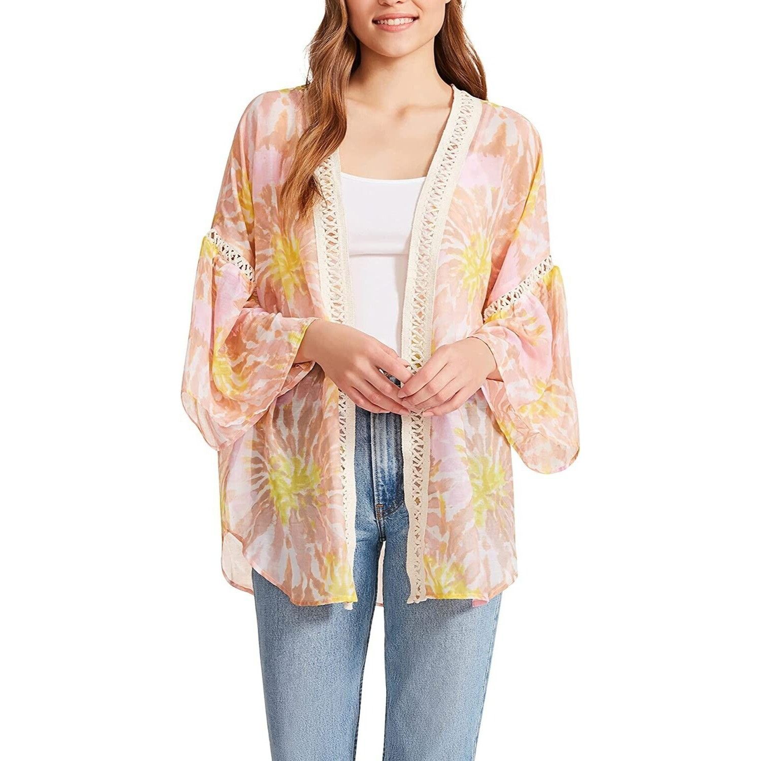 Steve Madden Steve Madden Crochet-Trim Tie-Dyed Kimono, Pink, OS Size ONE SIZE - 1 Thumbnail