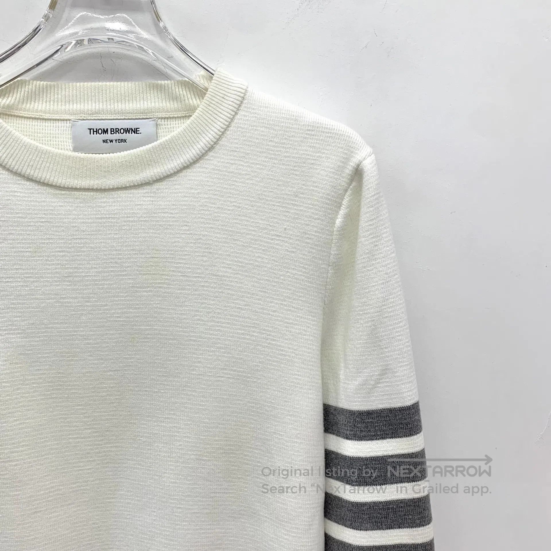 Thom Browne Thom Browne White Classic Four Stripe Cotton Crew Neck Lon Size US XXS / EU 40 - 3 Thumbnail