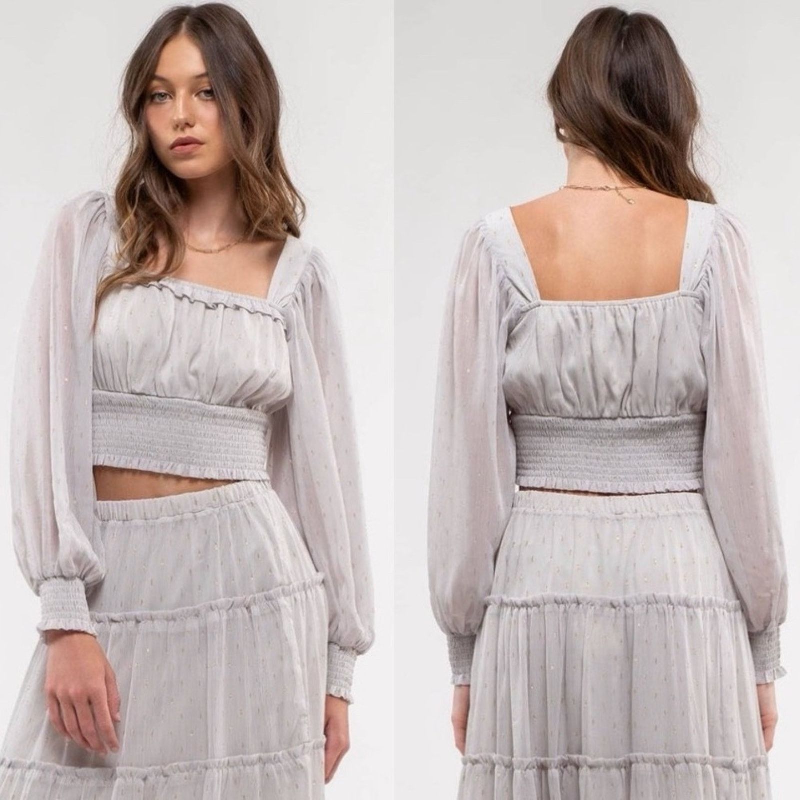 Nordstrom NEW Grey Gold Metallic Polka Dot Long $88 Crop Top Blouse Size S / US 4 / IT 40 - 2 Thumbnail