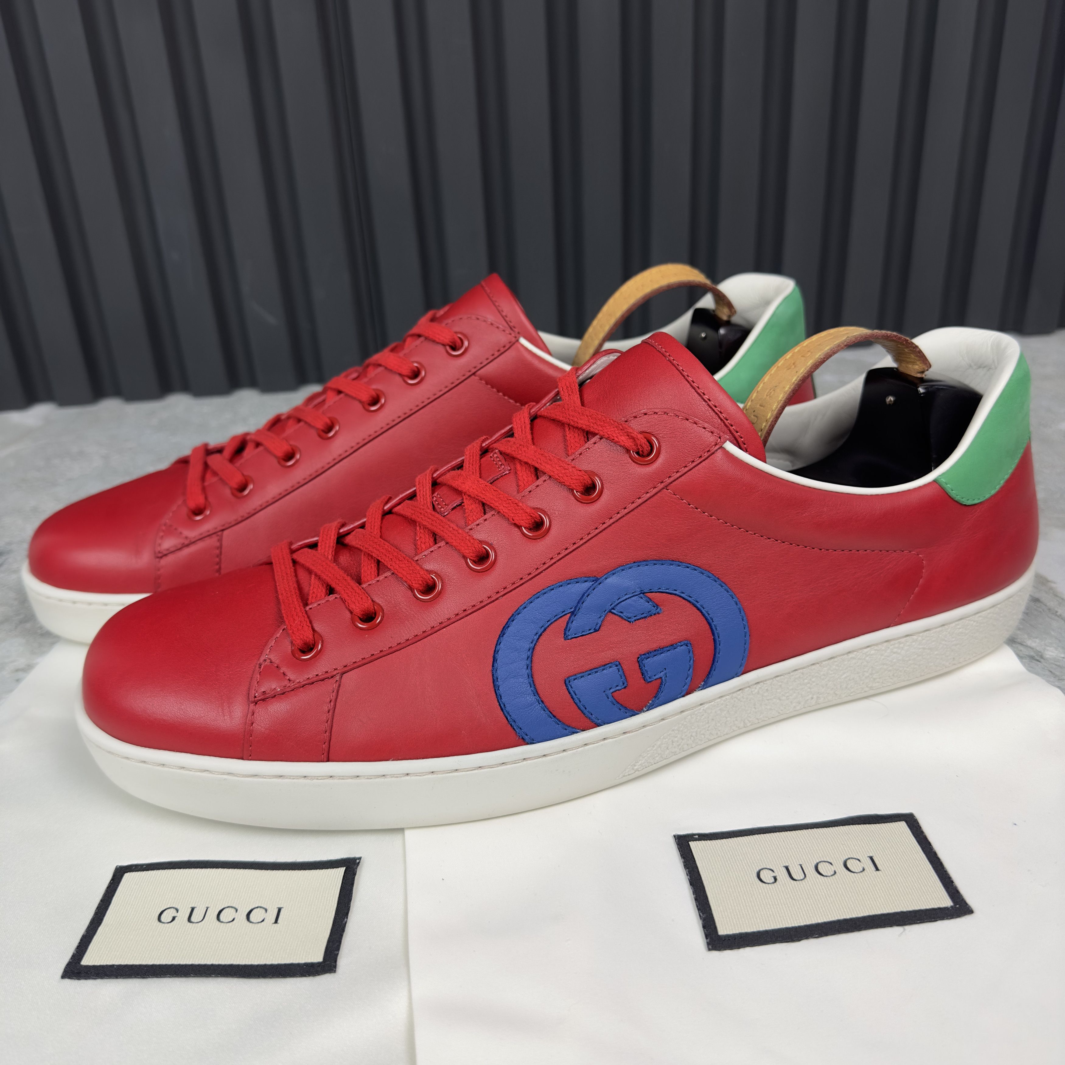 image of Gucci Ace Interlocking Low-Top Sneakers Leather in Red, Men's (Size 15)