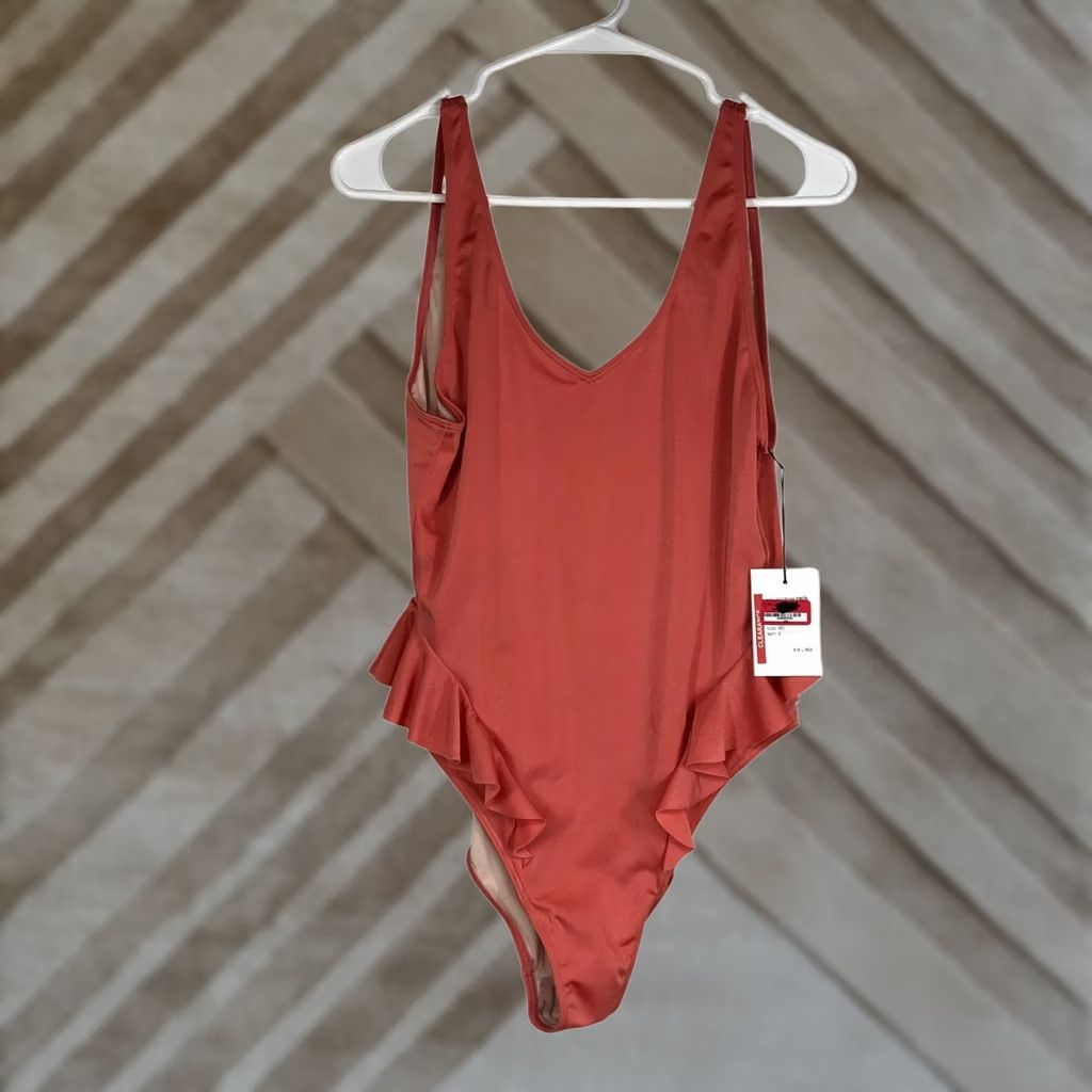 Nordstrom Nordstrom One Piece Swimsuit Coral Ruffle V Neck Low Back M Woman Size ONE SIZE - 1 Thumbnail