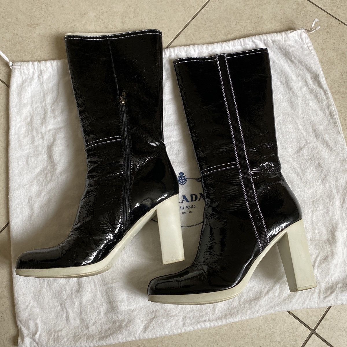 Prada Prada Contrast Stitch Logo Mid Calf Patent Leather Boots Size US 8 / IT 38 - 1 Thumbnail