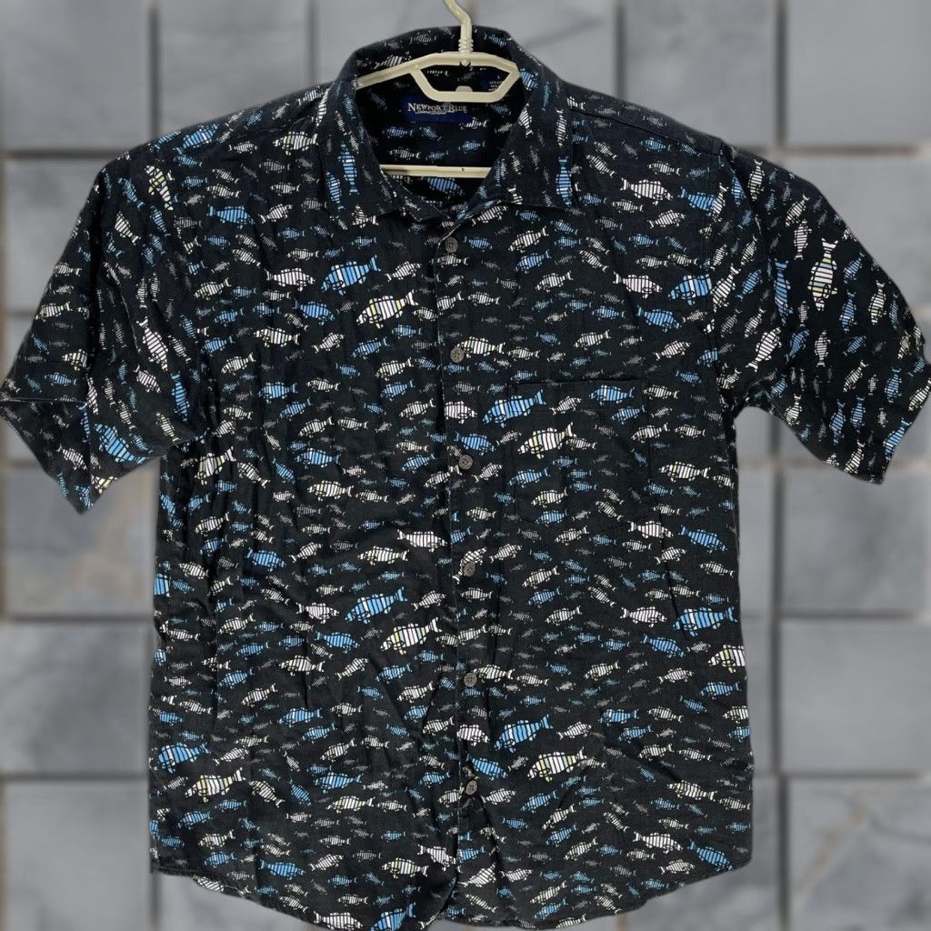 Vintage Newport Blue Button-Up Shirt Men L Fish All Over Print Gray Blue Cotton Size US L / EU 52-54 / 3 - 1 Thumbnail