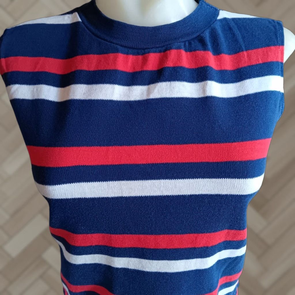 VINTAGE Women's T-Shirt 1960s Sleeveless Striped Cropped Navy White Red Size M