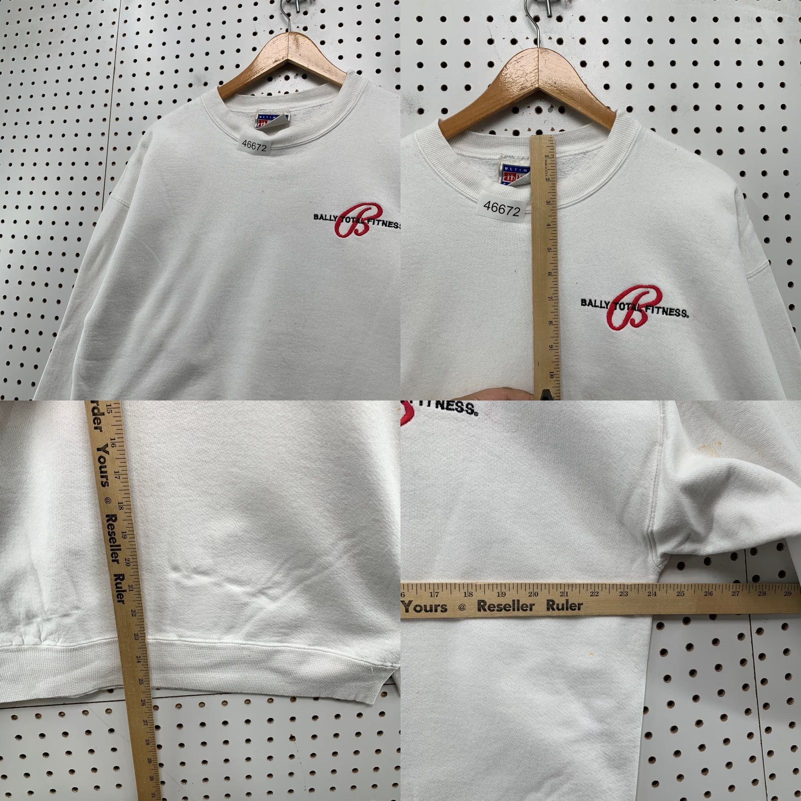VINTAGE Hanes Sweatshirt Mens Large White Embroidered Ballys Total Fitness Y2K 90s USA Regular Crew Neck Pullover Cotton Fleece Graphic Print