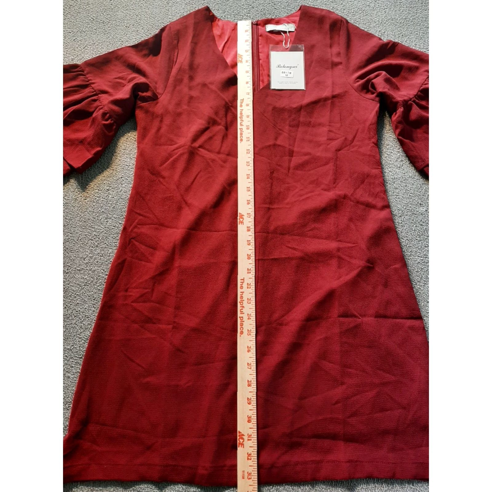 Vintage BELONGSCI Women's Dress Red Short Sleeve M Medium Bell Sleeve Mini Chiffon Wine Red Short sleeve Dresses Womens 90s-style? Size 32" / US 10 / IT 46 - 4 Thumbnail