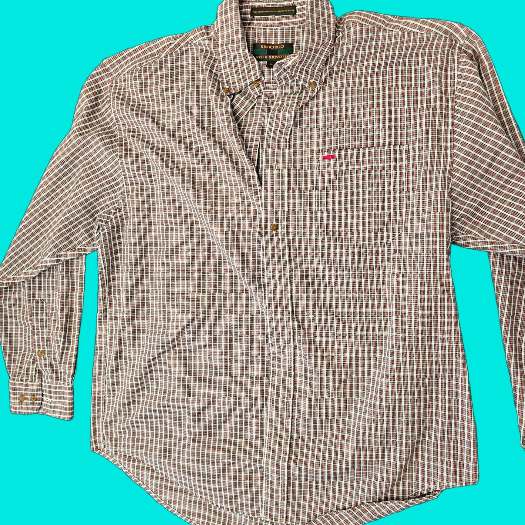 Colours Alexander Julian Shirt Men's Large Long Sleeve Red Plaid One Pocket Button-Up Casual Knit Cotton Button-Down?