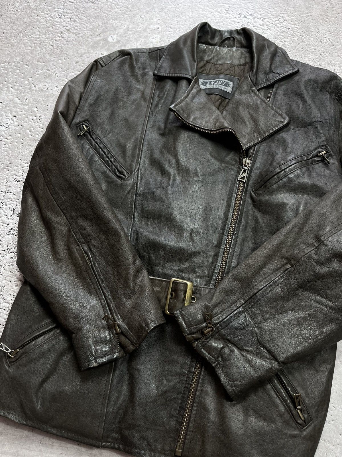 Leather Vintage Enjoy Brown Leather Jacket Belted Biker Style Size S Size US S / EU 44-46 / 1 - 8 Thumbnail
