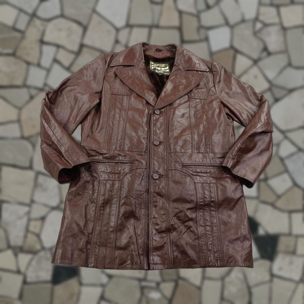 Vintage VINTAGE Montgomery Ward Brown Leather Coat 42 Tall Softshell Jacket 70s Classic Mens Size US XS / EU 42 / 0 - 1 Thumbnail
