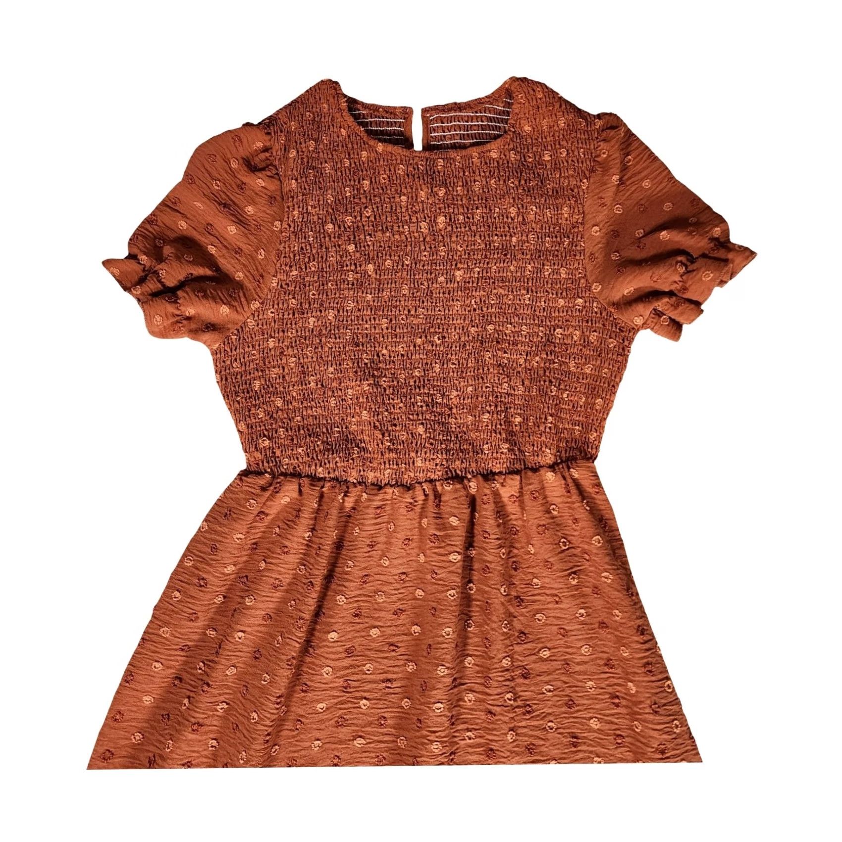 Shein SHEIN Rust Brown Swiss Dot Smocked Midi Dress Boho Tiered Short Puff Sleeve M Dress Womens Size 32" / US 10 / IT 46 - 5 Thumbnail