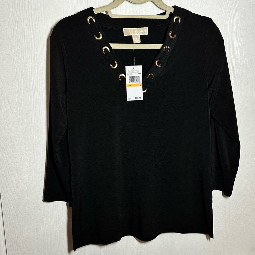 Michael Kors Michael by Michael Kors Black 3/4 Sleeve Lace-up Top Size S / US 4 / IT 40 - 2 Thumbnail