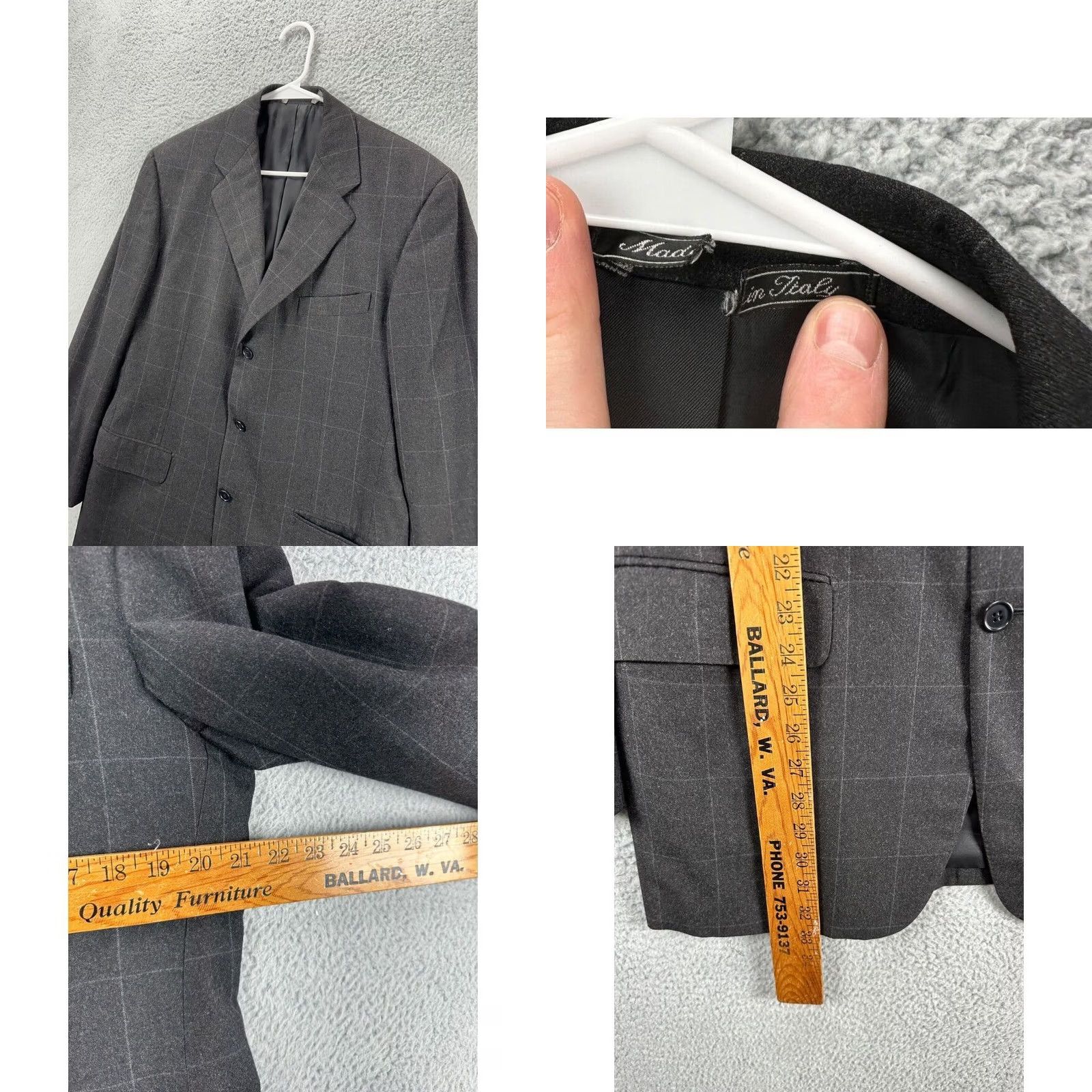 Faconnable Faconnable Blazer Mens 42 US 52 Tailleur Charcoal Grey Window Pane Check Wool Sport Coat Regular Long Sleeve 3 Button Notch Lapel Men Size 42R - 8 Thumbnail