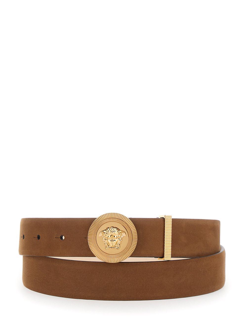 Brown Belt with Medusa Head Buckle in Suede Man