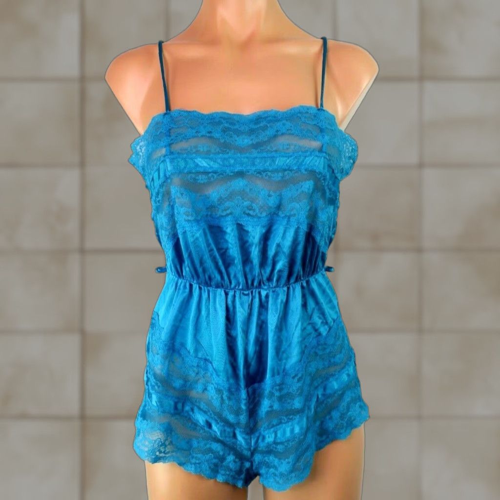 Vintage 80's Bright Blue Lace Teddy Romper Festival Size S WomenS Lingerie Usa, Women's