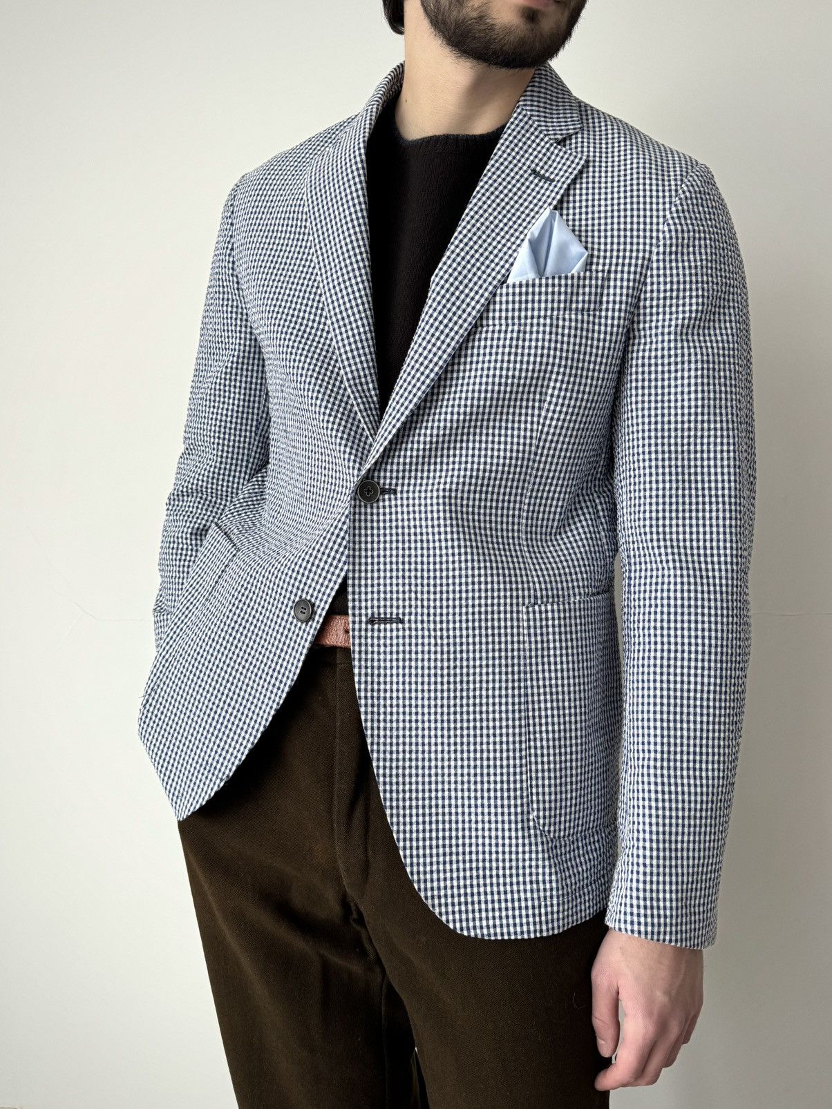 Other Gi Capri Napoli 'Atrani 70' Waffle Blue Check Cotton Blazer Size 52R - 2 Thumbnail