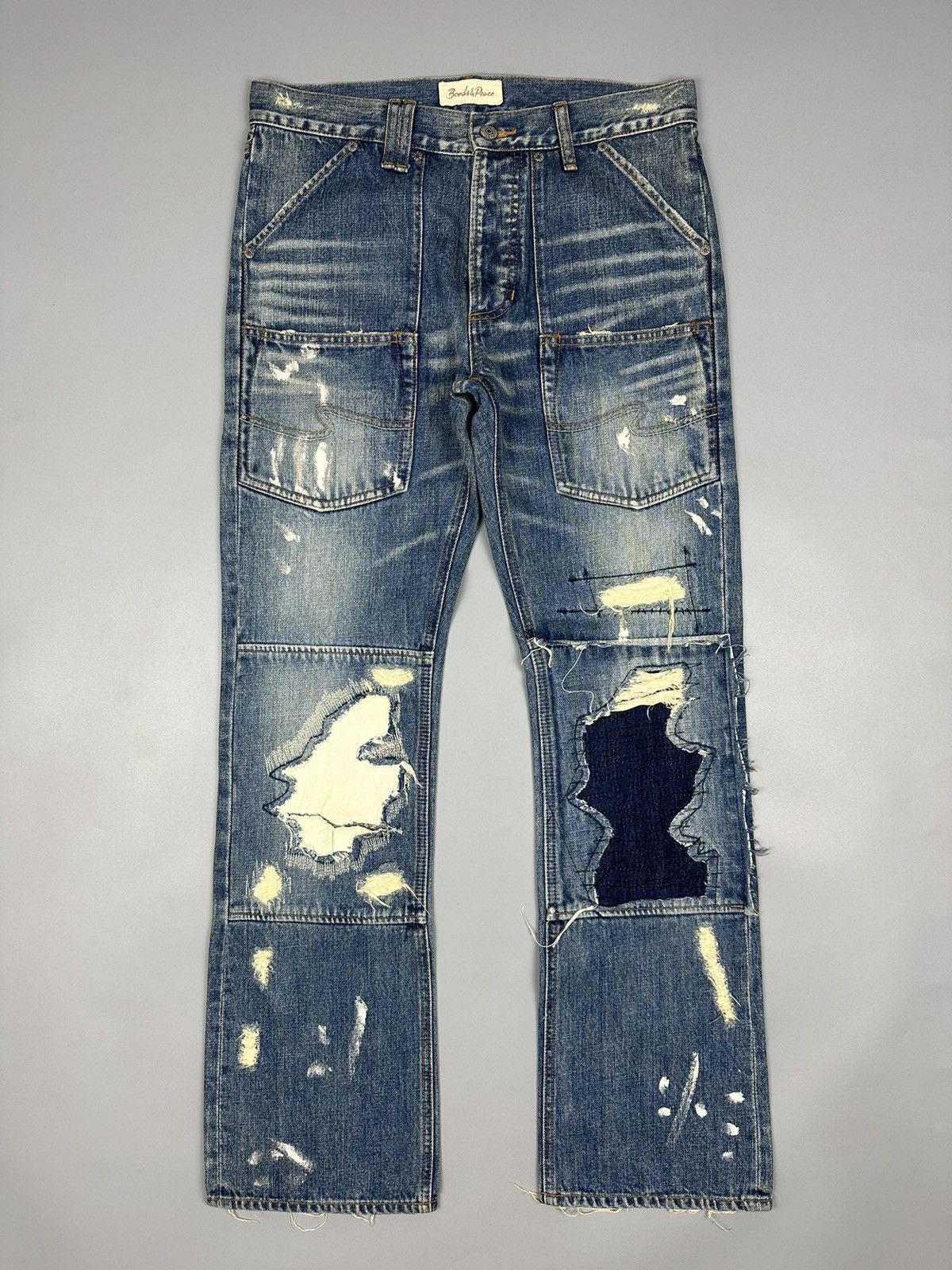If Six Was Nine × Le Grande Bleu (L.G.B.) Distressed Bonds & Peace Boro Sashiko Flared Denim Size US 31 - 1 Thumbnail