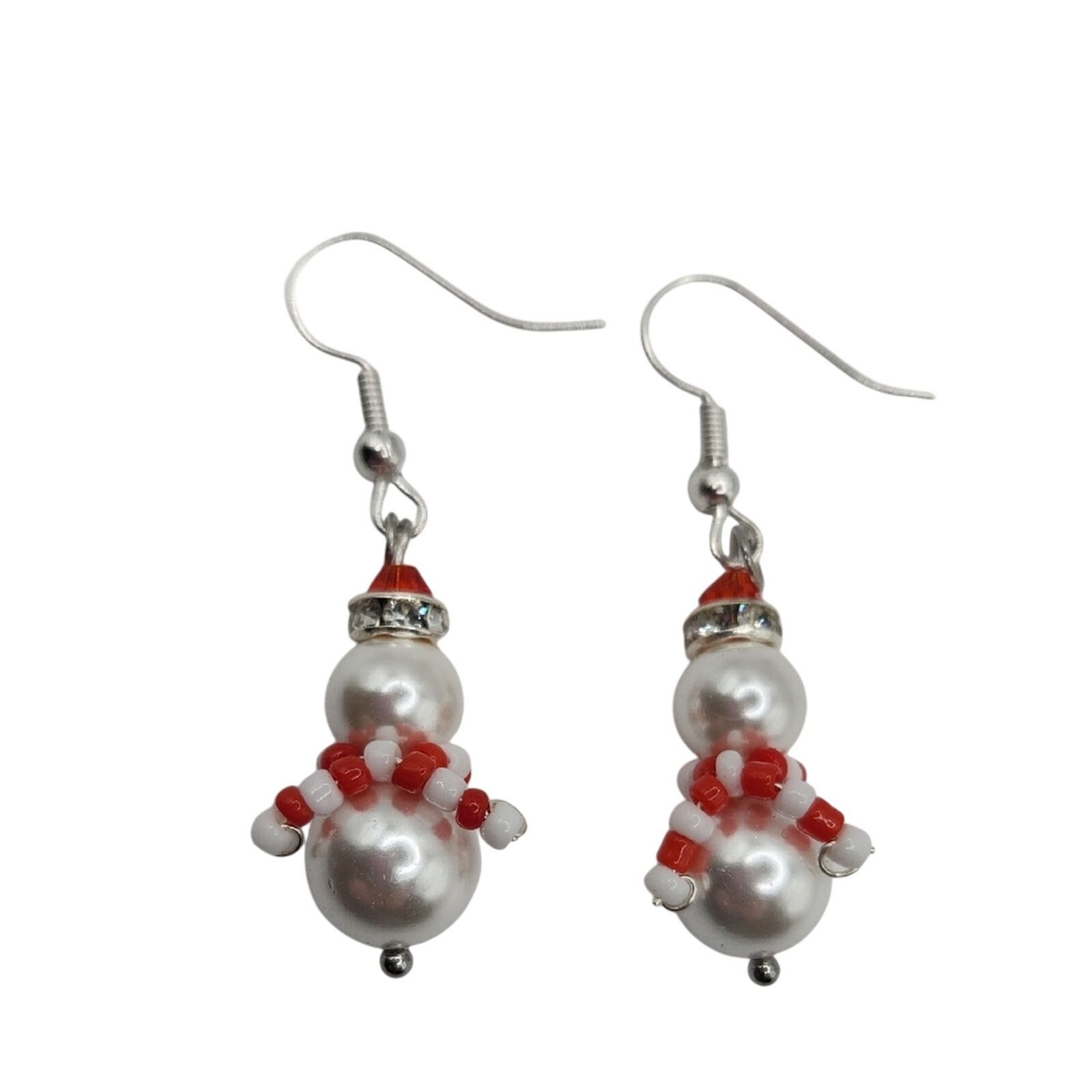 Other Chic Snowman Pearl and Red Bead Earrings Handmade Christmas Size ONE SIZE - 1 Thumbnail