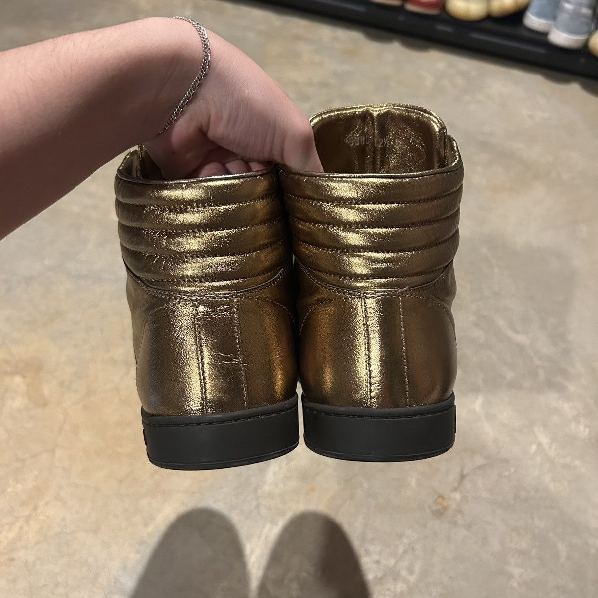 Designer × Gucci Gucci Nappa Silk Metallic Gold Web Stripe High Top Sneakers Size US 13 / EU 46 - 7 Thumbnail