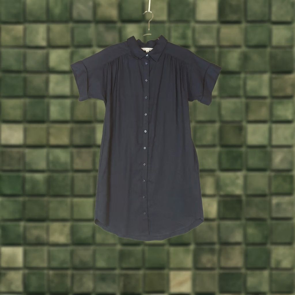 Vintage Ophelia Roe Dress Shirt Navy blue Knee Length Button Down Pocket Cap Sleeve Collared Linen Blend Minimalist Women M Size M / US 6-8 / IT 42-44 - 1 Thumbnail