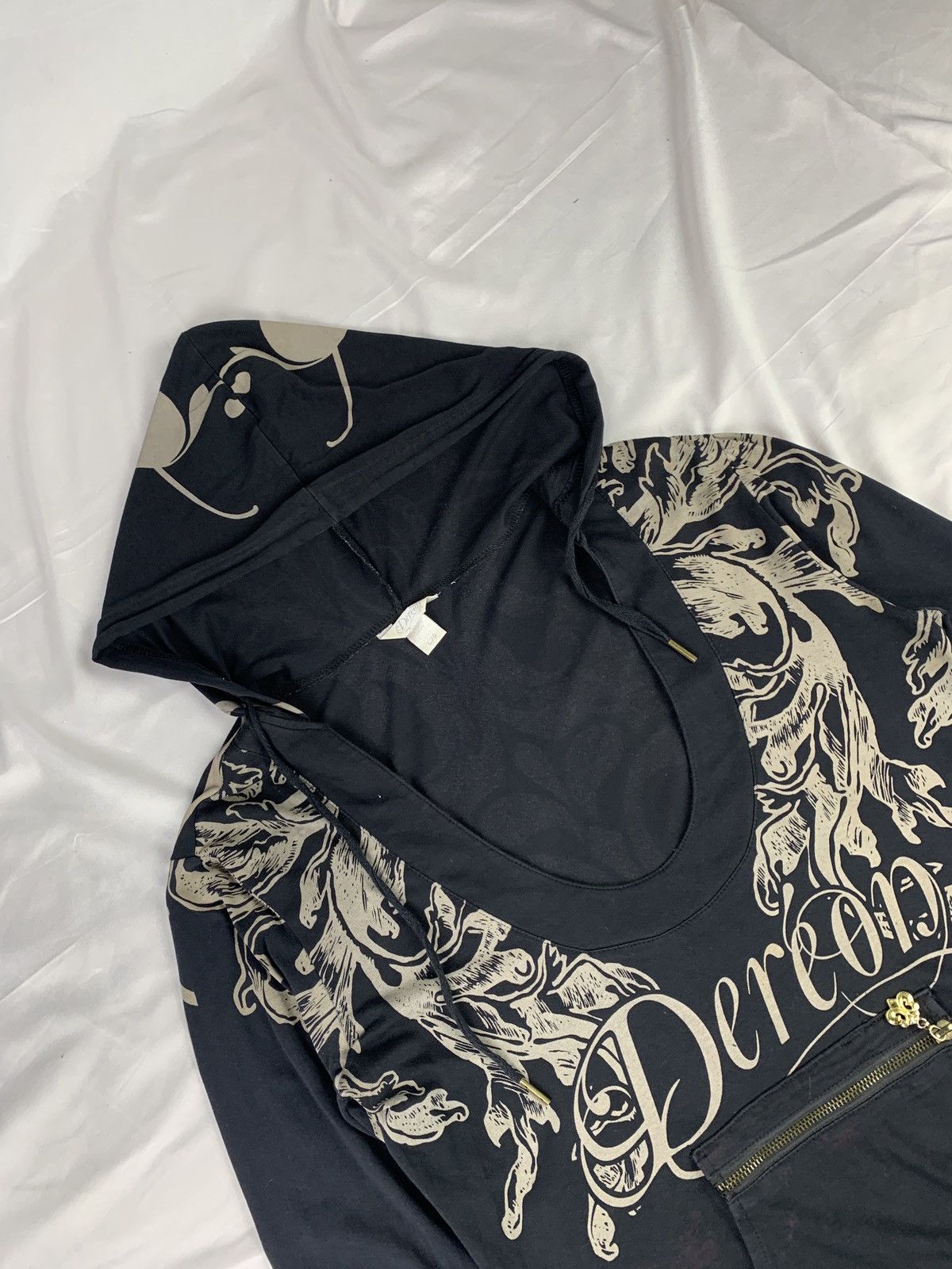 Japanese Brand y2k Dereon Black Grunge Over Print Open Chest Hoodie Size L / US 10 / IT 46 - 7 Thumbnail