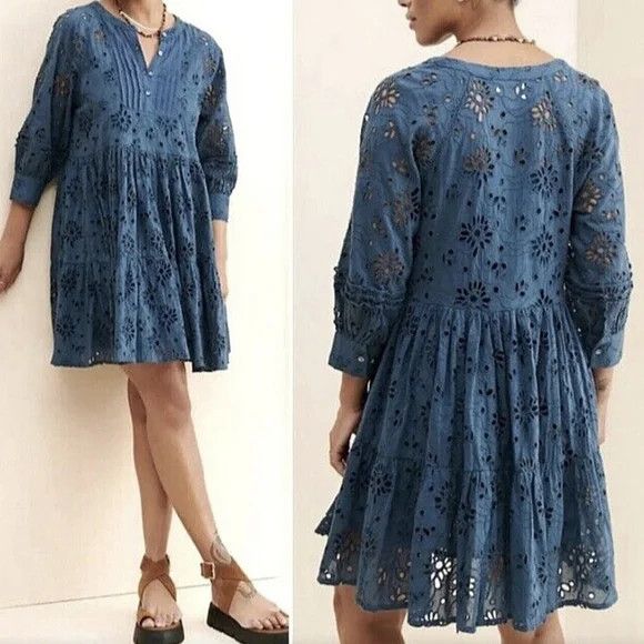 Anthropologie dRA Yara Teal 1/2 Button 3/4 Sleeve Eyelet Dress Boho Comfy Size XS / US 0-2 / IT 36-38 - 5 Thumbnail
