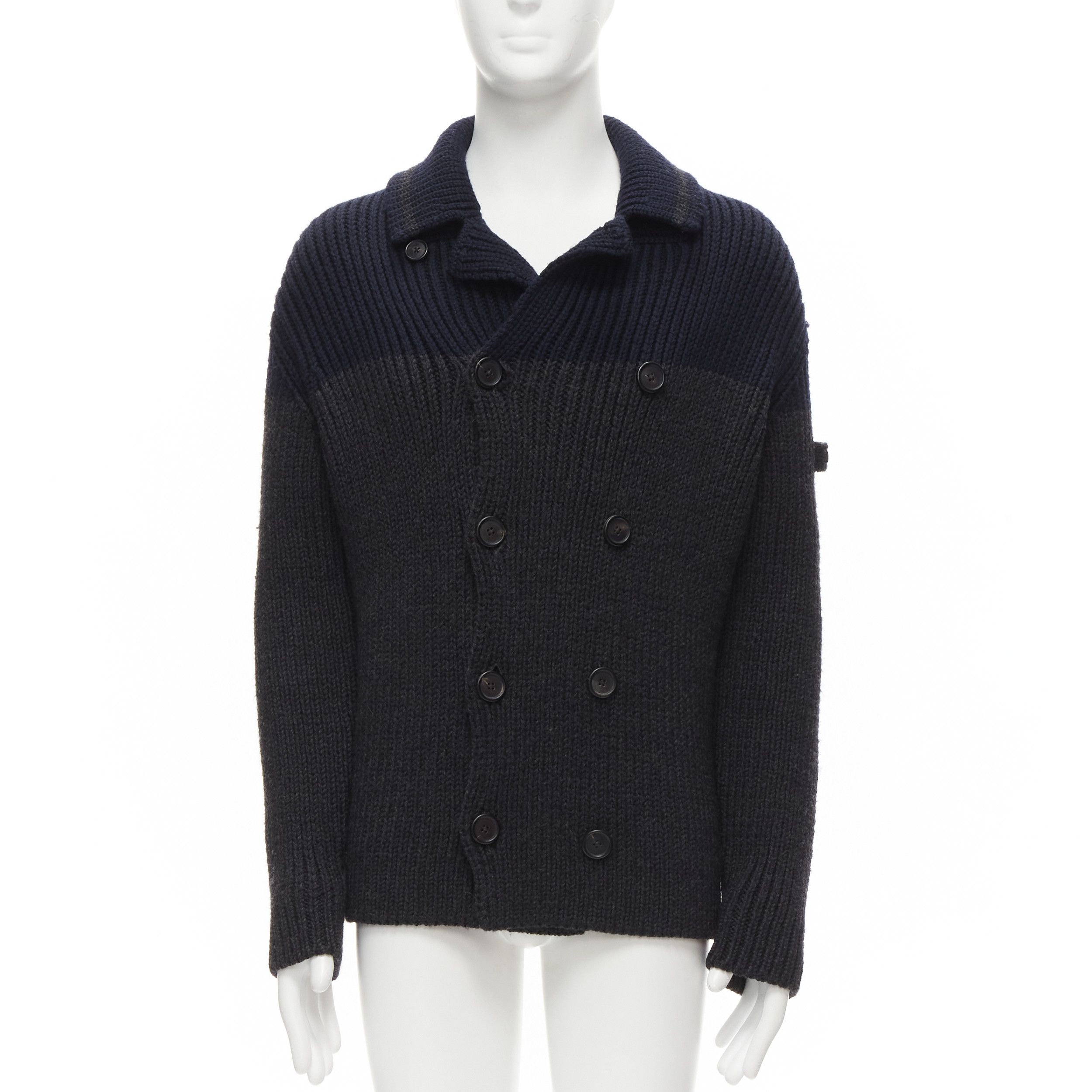 Prada PRADA 2013 100% wool grey navy sailor collar ribbed knit cardigani coat IT50 L Size US L / EU 52-54 / 3 - 1 Thumbnail
