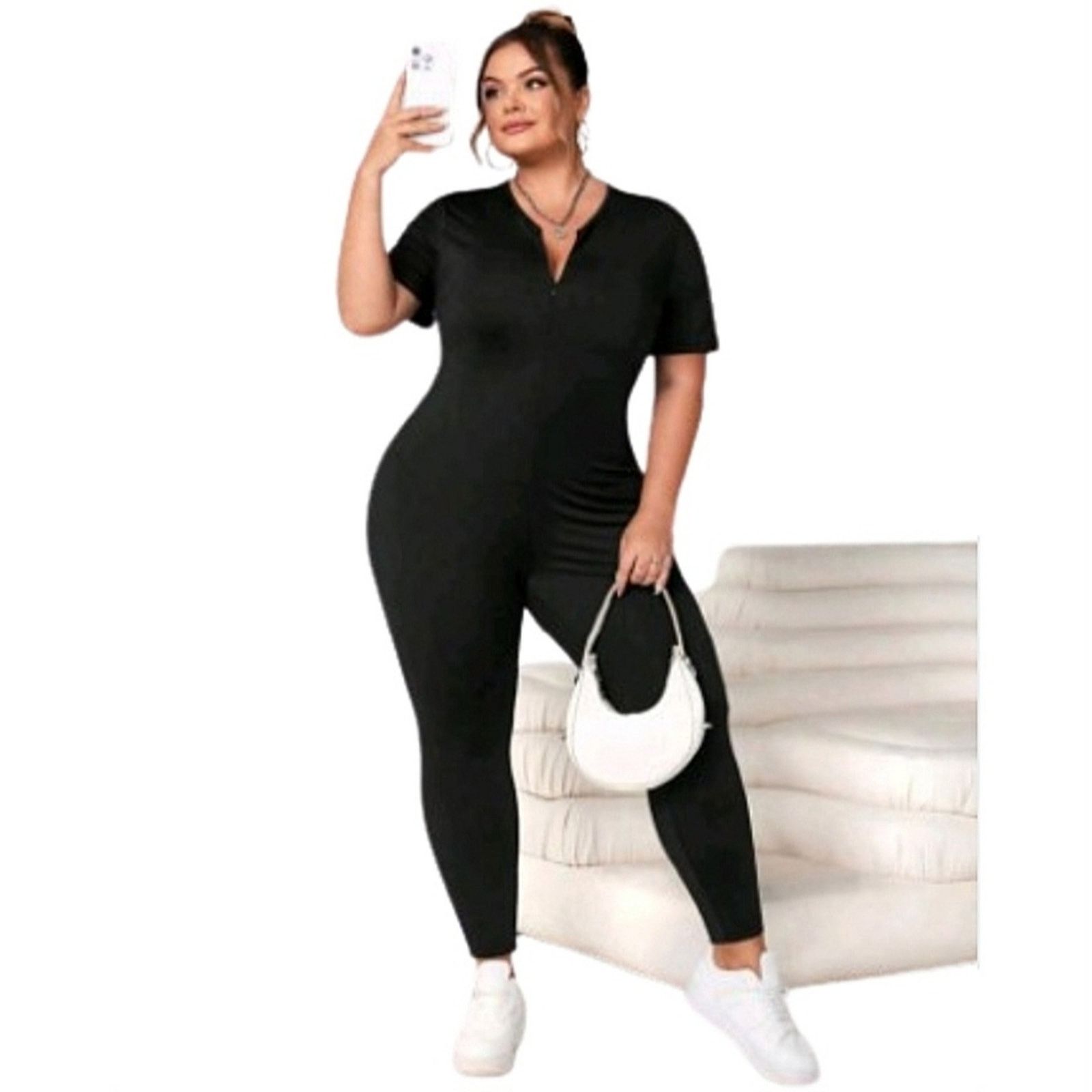 Shein MIDNITE BLACK ☆ ZIP NECK SHORT SLEEVE ☆ CATSUIT ☆ 30w ☆ NWT Size 42" / US 20 - 3 Thumbnail